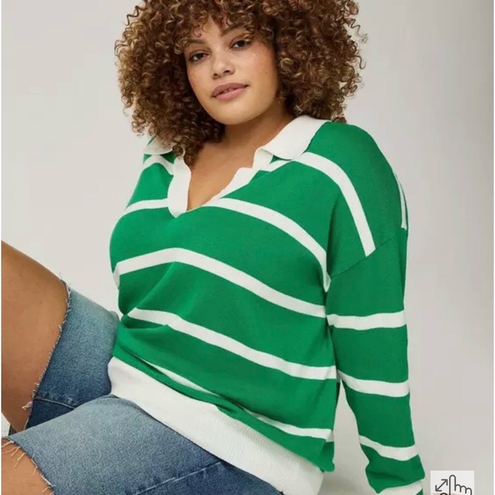 Torrid Green And White Striped‎ Cotton Pullover Collard V-Neck Rugby Sweater 2X